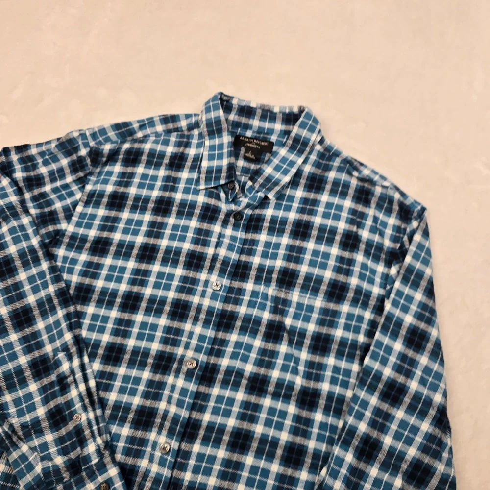 Banana Republic Flannel Shirt Mens Large Teal Plaid Long Sleeve‎ Standard Fit